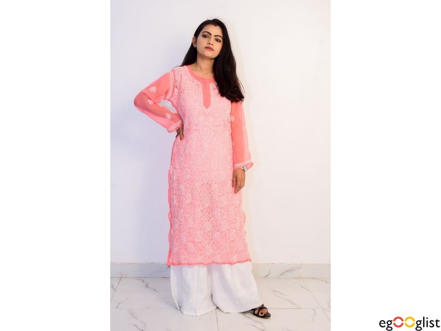 Buy Hand Embroidered Lucknowi Chikan Pink and White Georgette Kurti